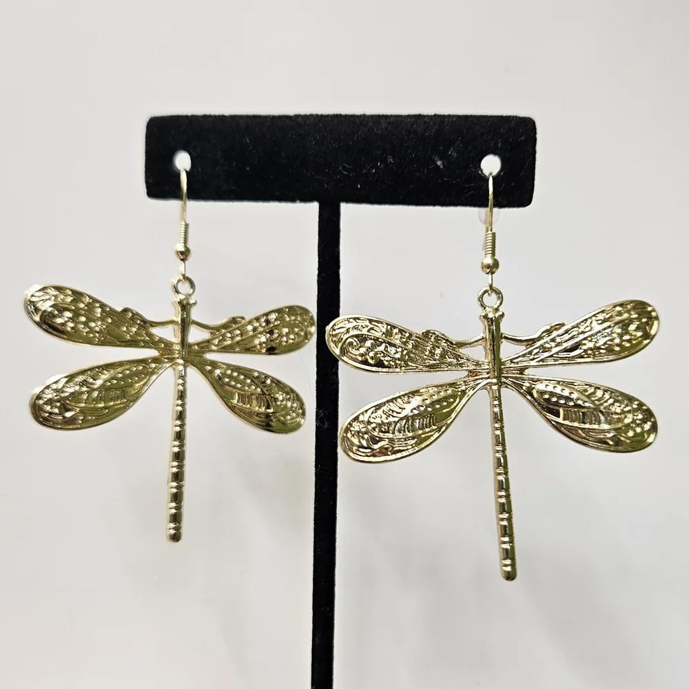 Dragonfly Earrings Gold Tone Zinc Alloy - Picture 9 of 13